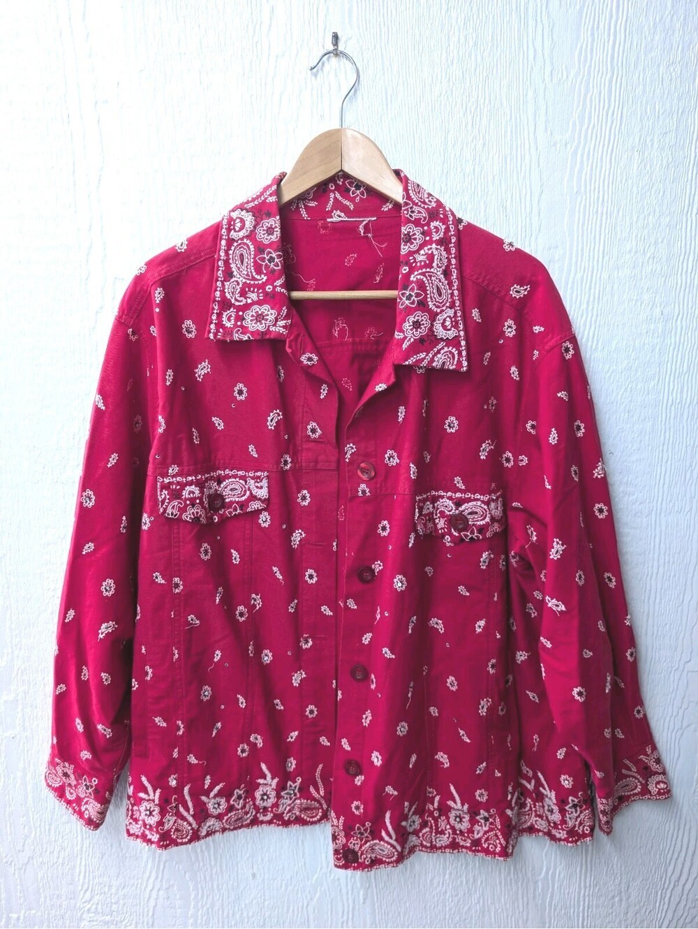 Quacker Factory Bandana Paisley Print Red Jacket Beaded Rhinestone Cotton 2X 3X